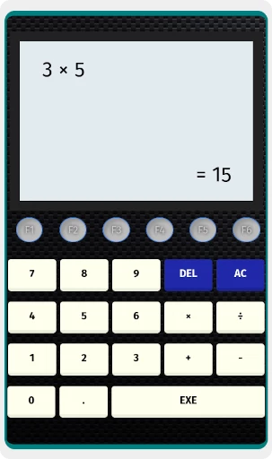 Screenshot of my web-based calculator tool. The display reads '3 × 5 = 15'.