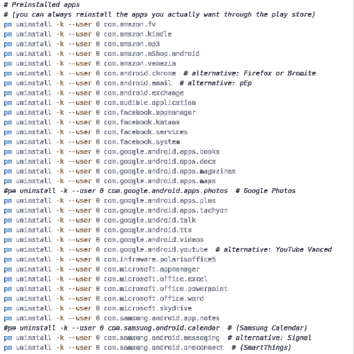 List of Android adb terminal commands to remove Samsung's bloatware