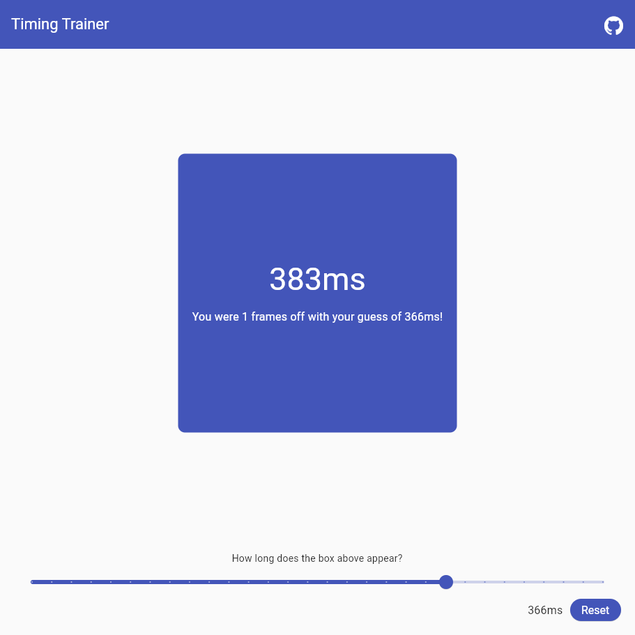 Screenshot of timing trainer success screen.
