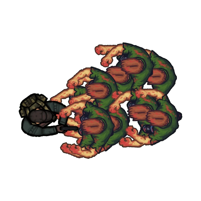 Zombies surrounding a player character.